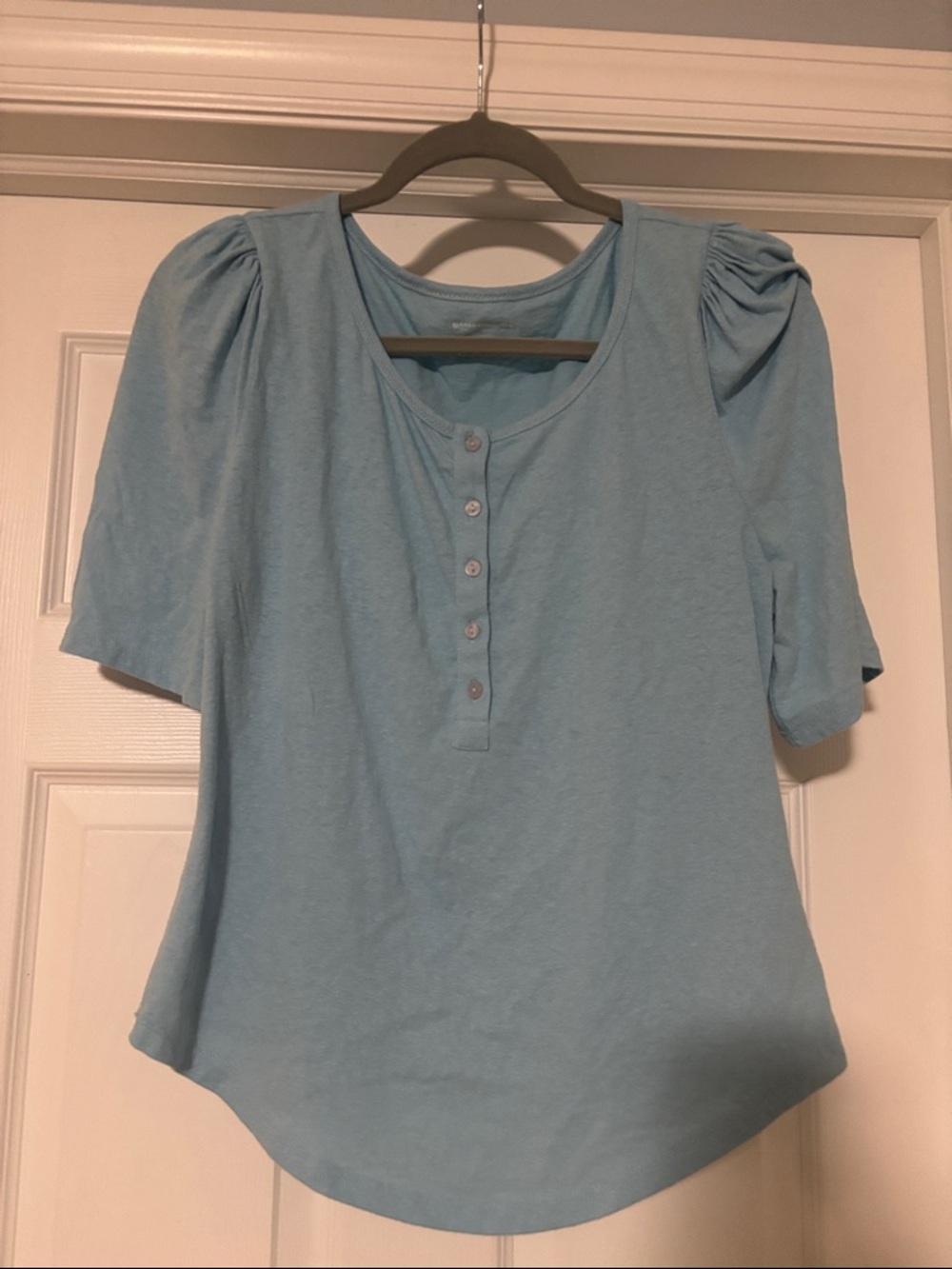 Anthropologie Light Blue Short Sleeve Henley Top with Puff Shoulders M